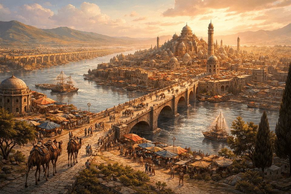 Ancient river city with a stone bridge, markets, caravans, and aqueducts at sunset