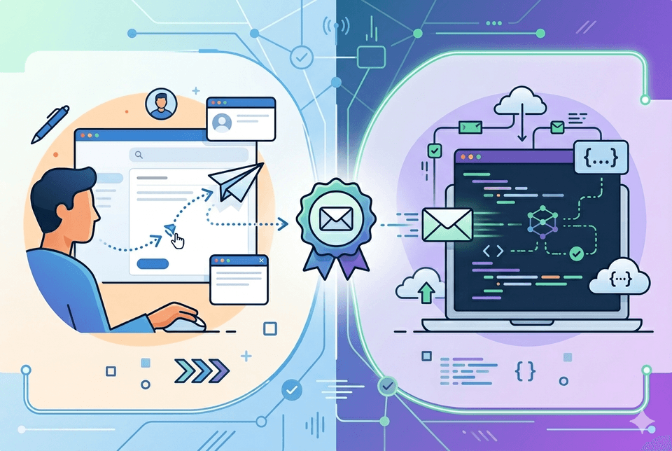 Split illustration showing a person composing email in a browser on the left and a developer's code editor with email API flows on the right, joined by a verified email badge in the centre.