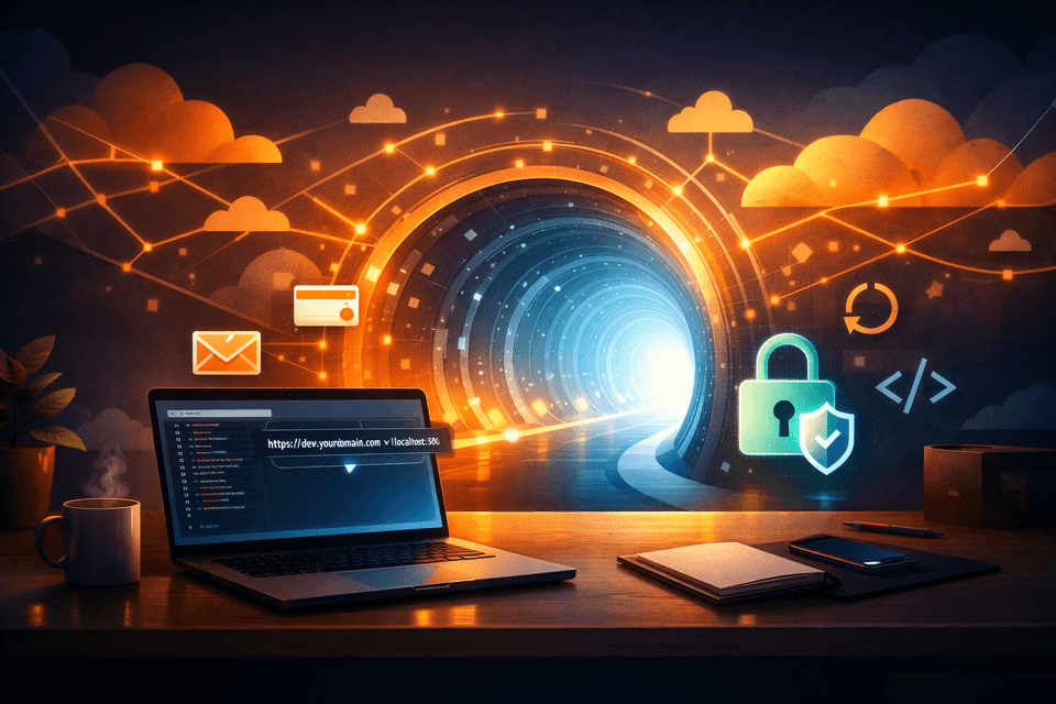 Futuristic developer desk scene with a glowing network tunnel leading from cloud icons to a laptop, with security and webhook-style symbols.