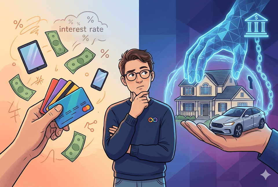 A person standing between two contrasting scenes: on the left, a hand offering credit cards with floating cash and interest rate symbols against a warm orange background; on the right, a glowing geometric hand holding a house and car secured by a chain linked to a bank, against a cool blue background