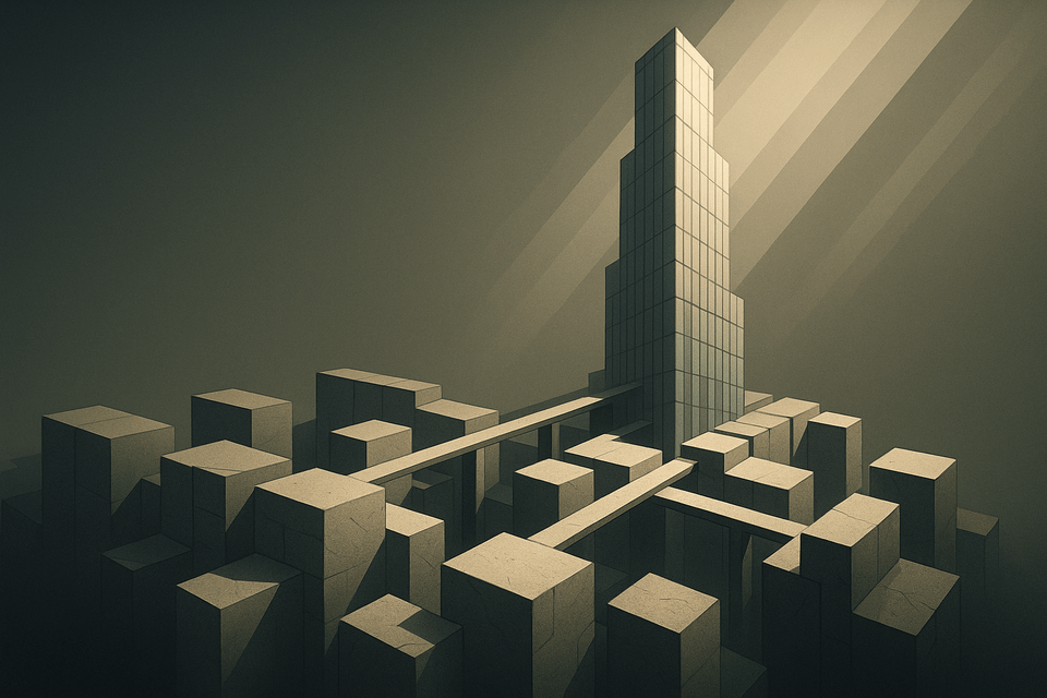 Abstract architectural foundations supporting a rising tower—symbolising first principles, lemmas, and the architecture of thought.