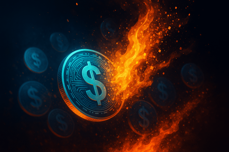 Digital dollar tokens dissolving into abstract burning fragments, symbolising taxes reducing the money supply