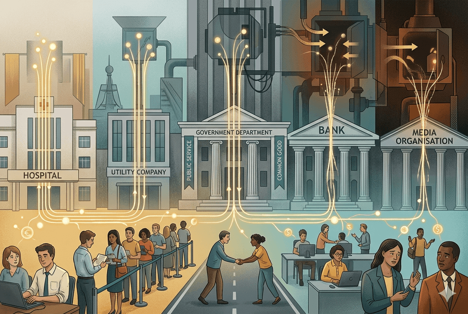 Cover artwork for The Contract Nobody Signed, showing five institutions — Hospital, Utility Company, Government Department, Bank, and Media Organisation — connected by glowing lines to groups of people below. On the left, warm golden tones show people receiving documents and queuing; at the centre, two people shake hands on a shared road; on the right, cooler tones show people at desks looking uncertain, with currency symbols drifting upward toward the institutions. The composition visualises the implied flow of obligation between public institutions and the people they claim to serve, and its quiet reversal.