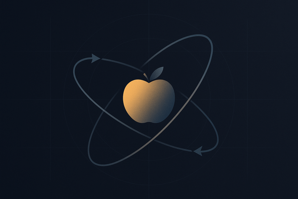 Abstract orbit-and-arrow motif: three faint arrows circling a stylised apple/planet on a subtle grid—Newton’s laws as a grammar of motion.