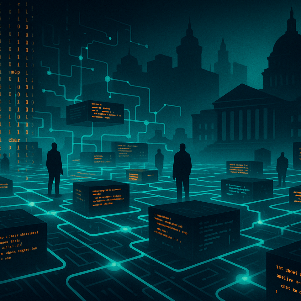 Abstract illustration of code, networks, and hidden power structures