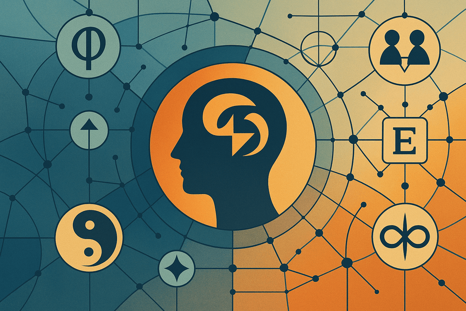 Abstract illustration of interconnected nodes and symbolic functions suggesting cognition, relationships, and information flow.