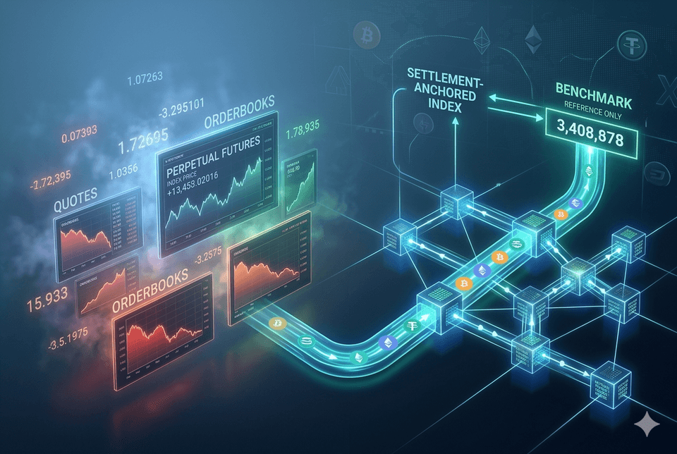A split composition contrasting chaotic CEX orderbook screens showing quotes and perpetual futures index prices on the left, with a glowing blockchain pipeline on the right flowing into a settlement-anchored index, illustrating the proposed shift from reference-only benchmarks to on-chain execution-based pricing.