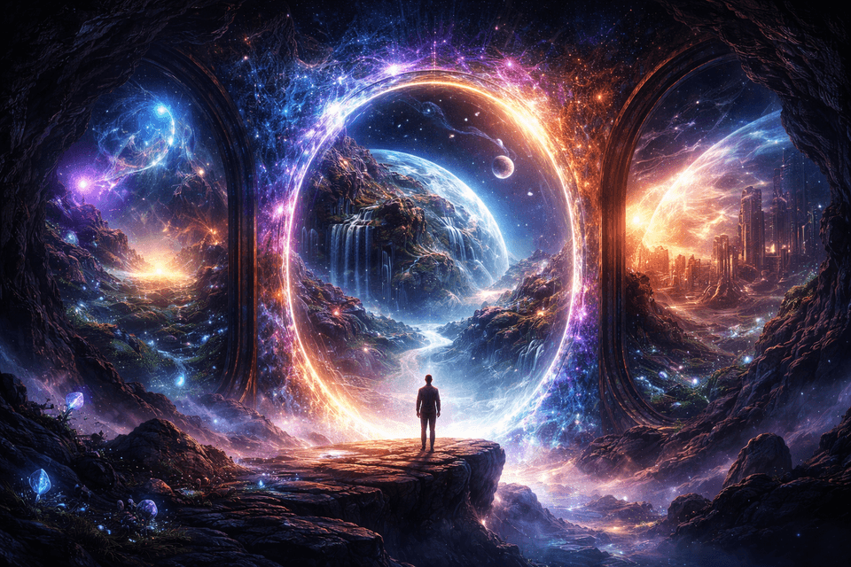 A glowing portal opening onto multiple surreal landscapes beneath a star-filled cosmos