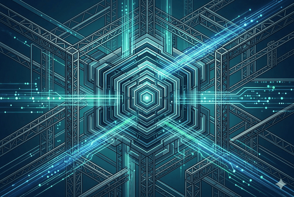Isometric illustration of a glowing hexagonal core at the centre of an expansive scaffolded metal framework, with cyan and teal light beams and circuit-like data streams radiating diagonally outward against a dark teal background