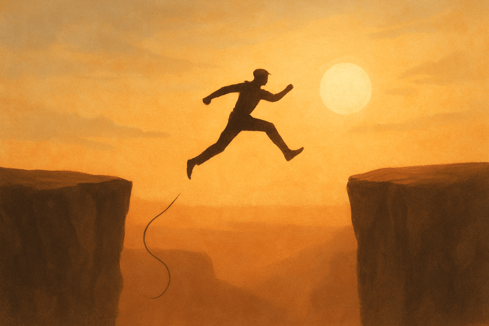 Abstract illustration of a figure leaping across a chasm without a safety rope