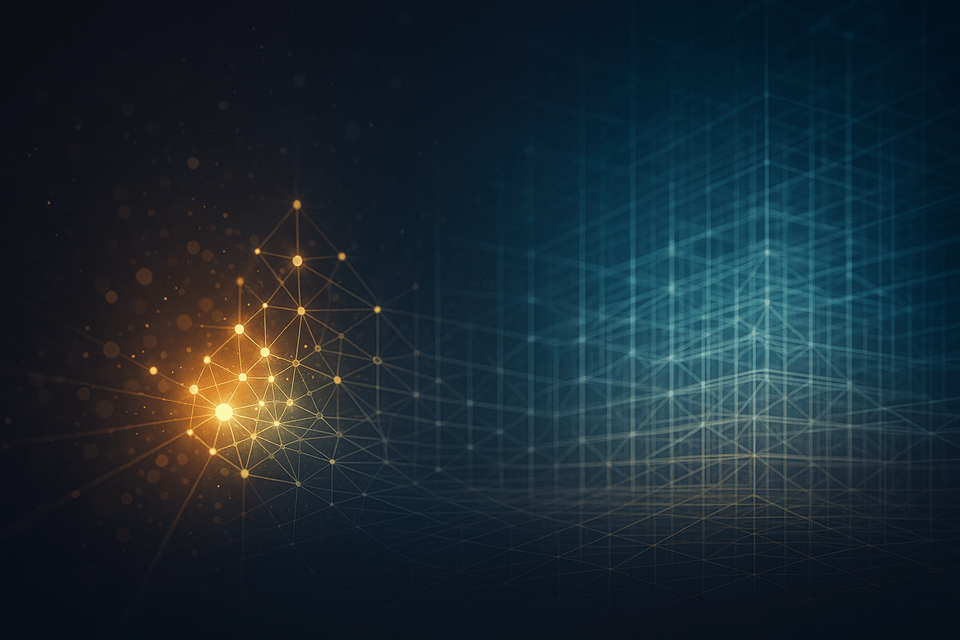 Abstract neural network—signals stabilizing from a bright, narrow focus into a wider lattice, evoking working memory consolidating into long-term traces.