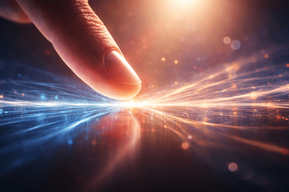 A fingertip hovering above a glowing surface as blue and orange energy-like lines and particles radiate outward, suggesting an invisible field between touch and contact.