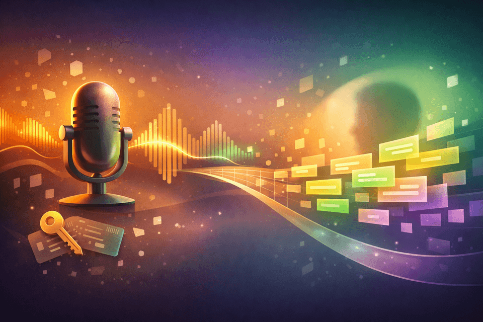 Futuristic microphone with flowing sound waves transforming into glowing transcript tiles toward a silhouetted listener