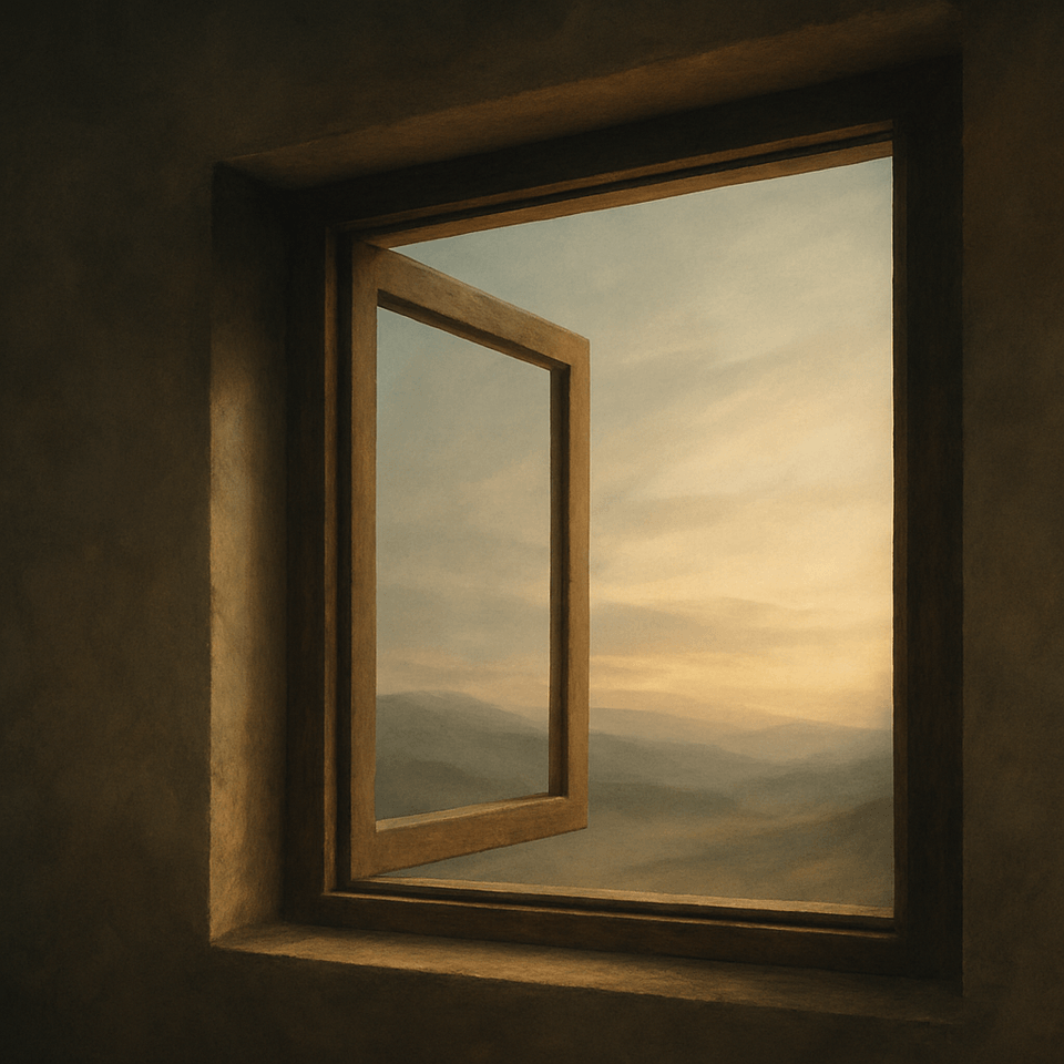 Abstract window-frame opening onto a shifting horizon, hinting at changing boundaries of discourse