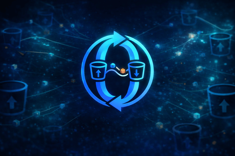 Glowing object0 logo over a dark network of connected storage buckets and data nodes