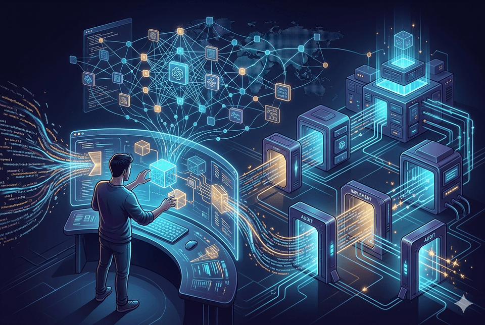 A developer orchestrating an AI-powered coding pipeline with holographic nodes, audit checkpoints, and interconnected server stacks
