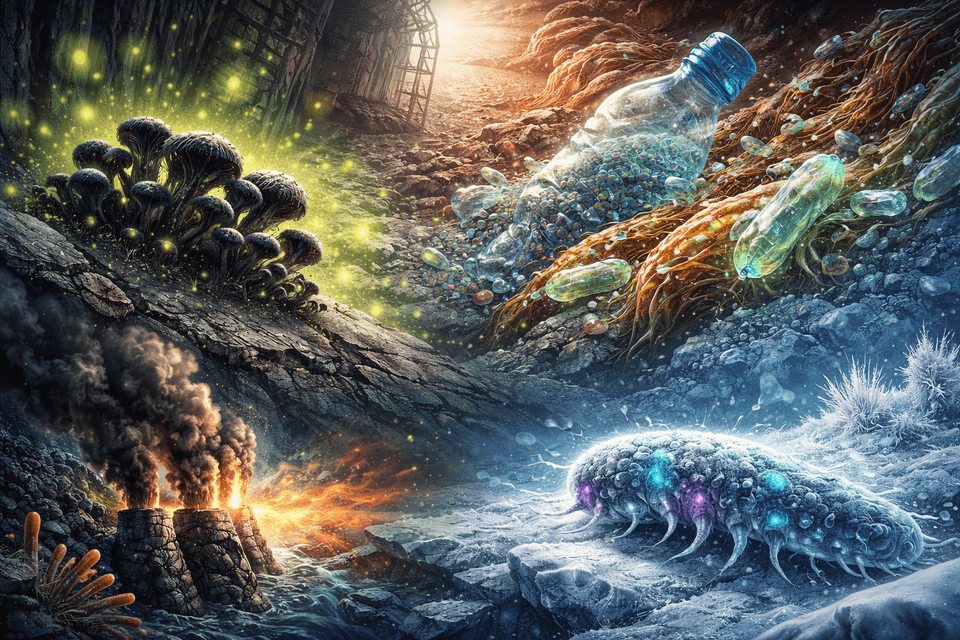 Minimal, abstract illustration of resilient life thriving across radiation, plastic, heat, and ice