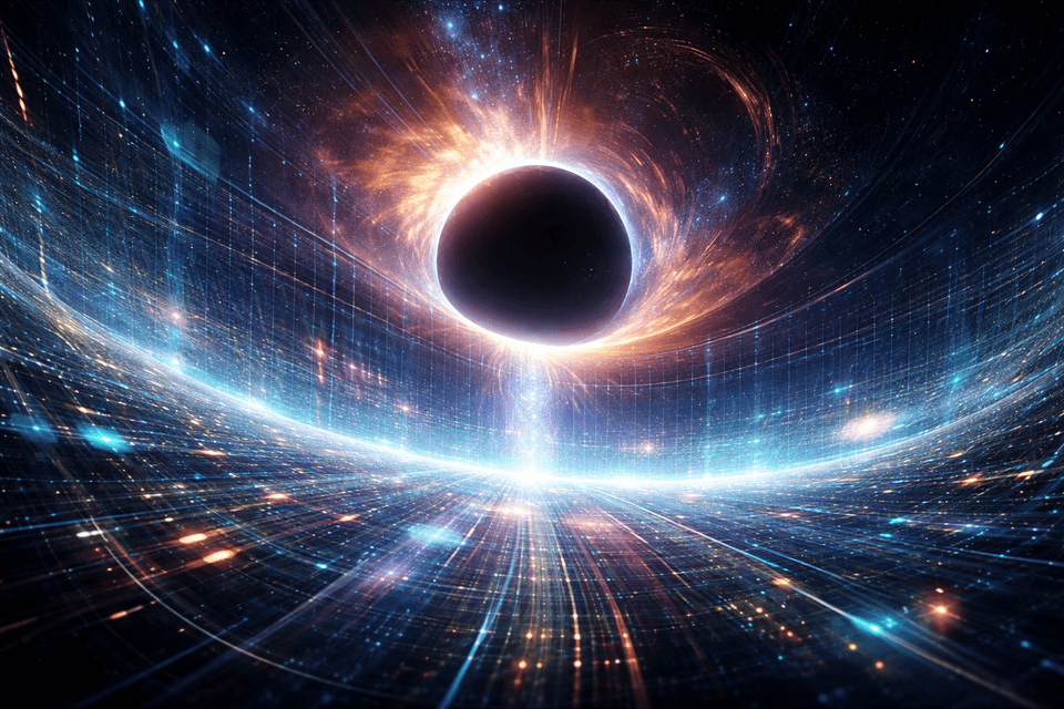 A luminous black hole event horizon over a holographic grid, suggesting reality emerging from encoded information