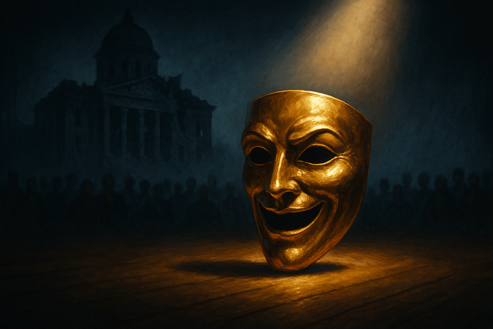 Golden theatrical mask under a spotlight on a wooden stage, with a blurred crowd and a crumbling classical building in the dark background