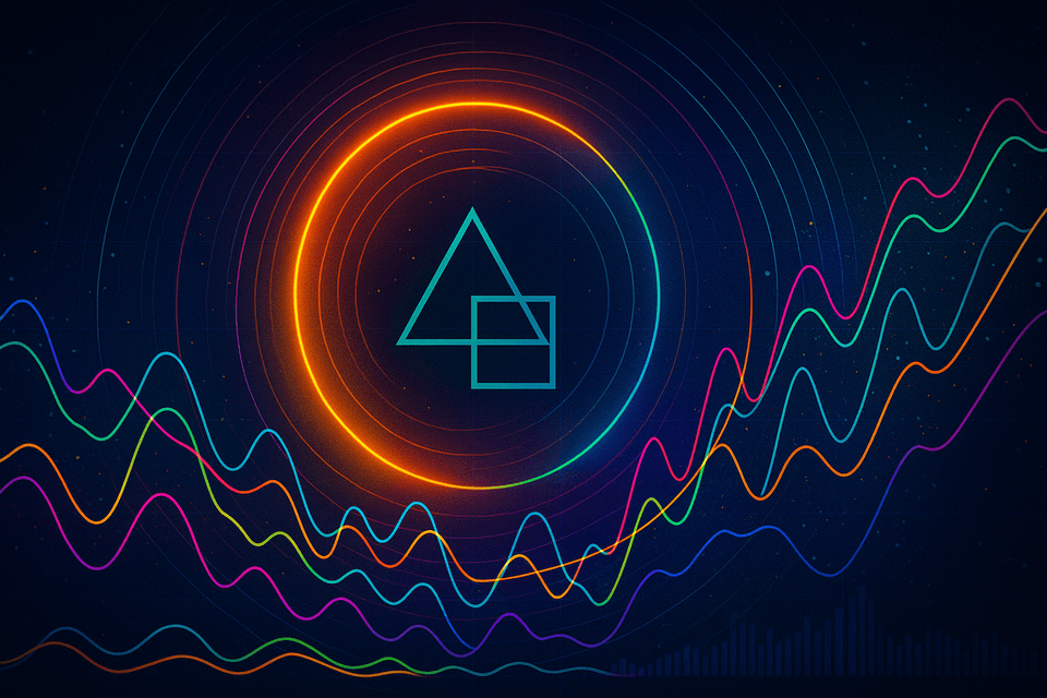 Glowing orange ring encasing a teal triangle and square, with rainbow market waveforms (RSI/Stochastic/MACD-like) and a faint histogram over a dark blue, star-speckled grid.
