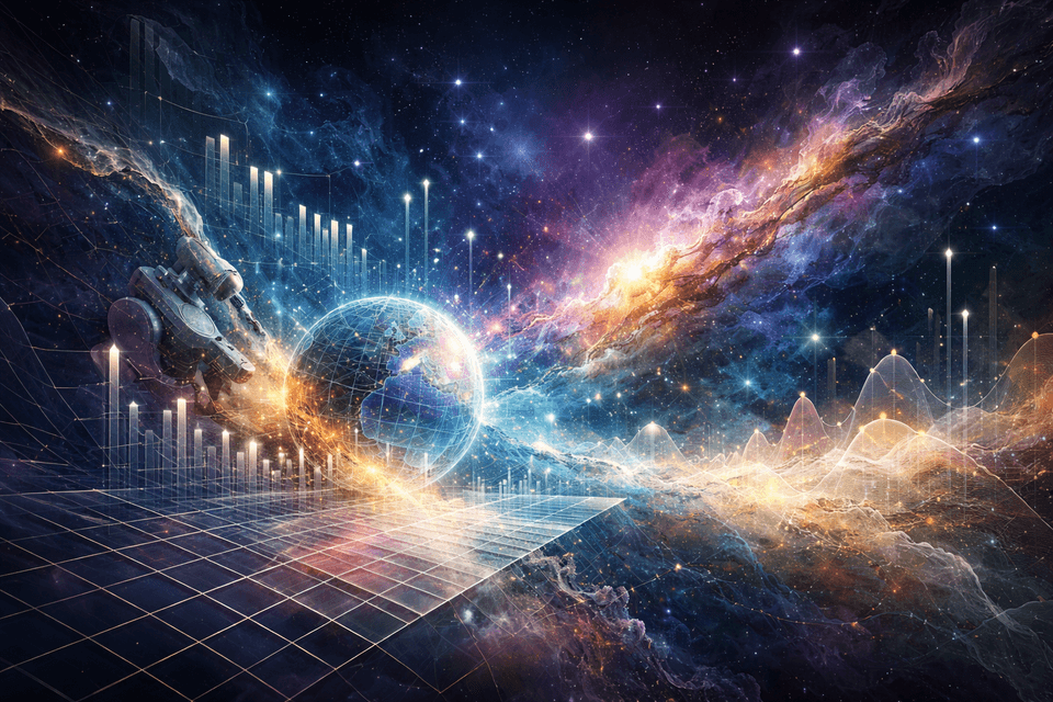 A luminous globe and abstract data instruments dissolving into a star-filled nebula, with faint graphs and waveforms overlaying a cosmic landscape.