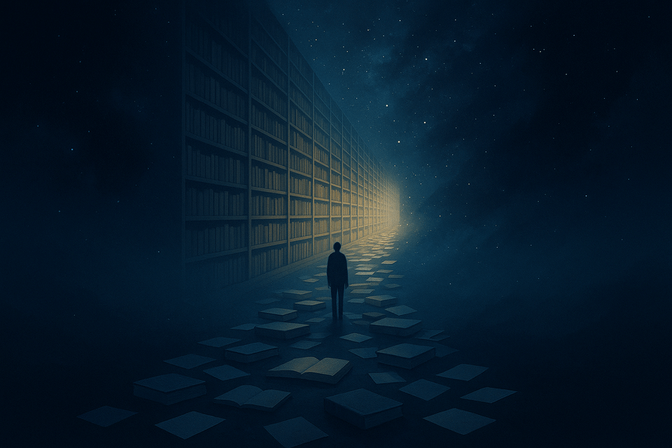 Abstract illustration of an endless library representing the pursuit of knowledge