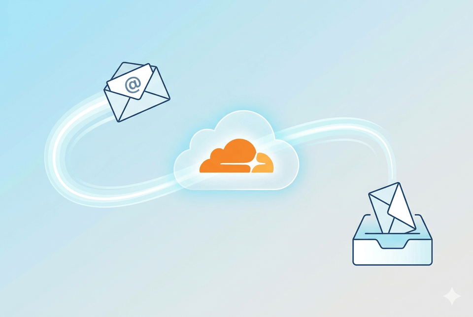 Minimalist illustration of an envelope with a custom domain address being routed through a glowing Cloudflare logo toward a clean inbox.