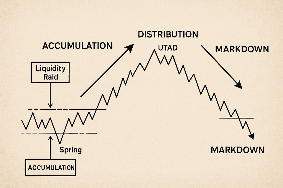 Image depicting Wyckoff cycles with accumulation, expansion, distribution and markdown